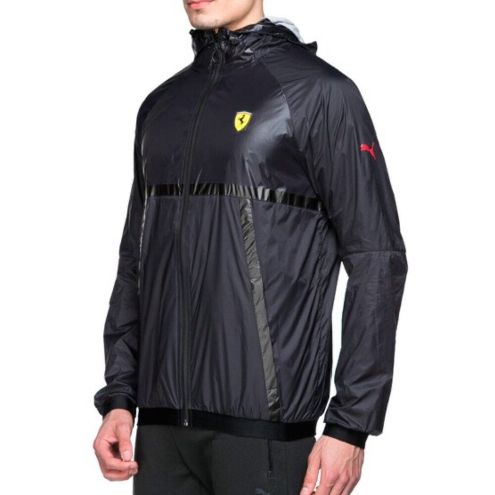 Puma Vintage Rare Ferrari Windbreaker Jacket Lightweight Black Glanz Nylon XL